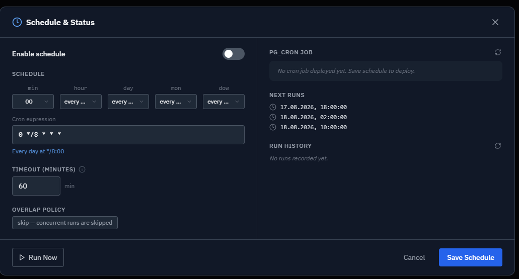 Schedule & Status dialog with the cron expression set to every 8 hours, a 60-minute timeout, and the overlap policy set to skip concurrent runs